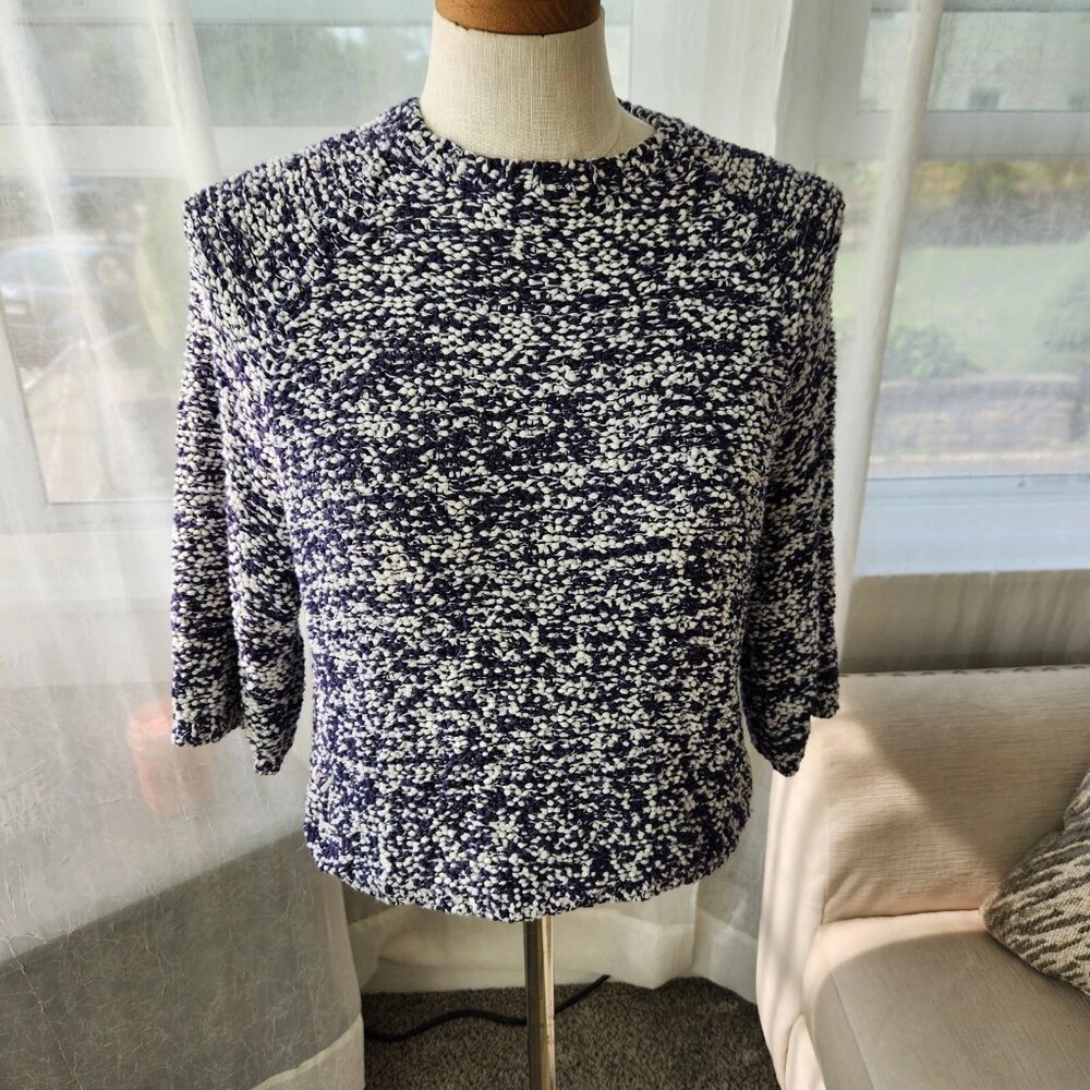 Mango Basics womens XS chunky knit navy white sweater 3/4 sleeves